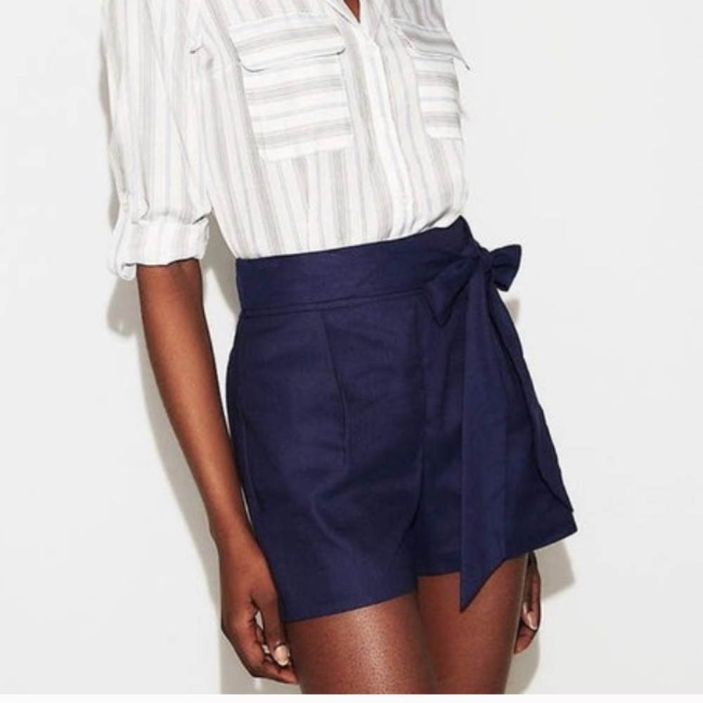 314 Express Navy High Waisted Linen Blend Self-Tie, Side Zipper Shorts Size 16